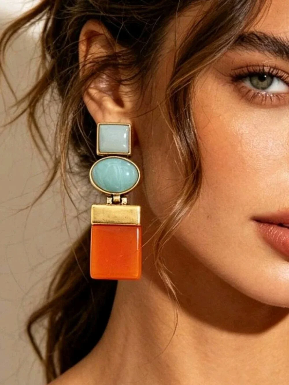 NEW! ZARA Geometric Gold-Tone Orange and Green Mint Statement Drop Earrings